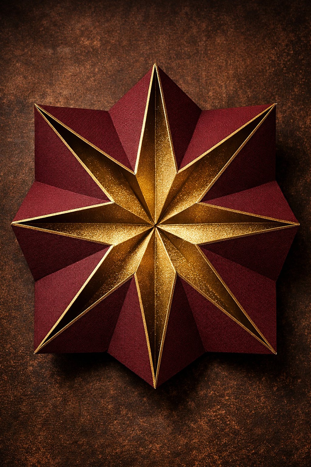 A realistic photo of a Gatefold Star card in a deep burgundy and gold theme. The card is viewed from the top-down to show the "star" points created by the folds. The lighting is warm and moody, highlighting the texture of the linen paper. 8k resolution, professional craft photography.