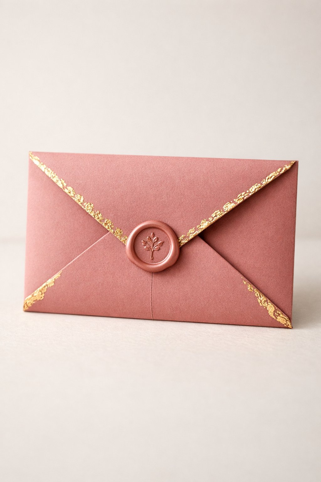 A realistic photo of an Arrow Fold card. The front of the card tapers into a sharp, elegant point secured with a small wax seal. The card is a dusty rose color with gold leafing along the arrow edges. Soft, feminine aesthetic.