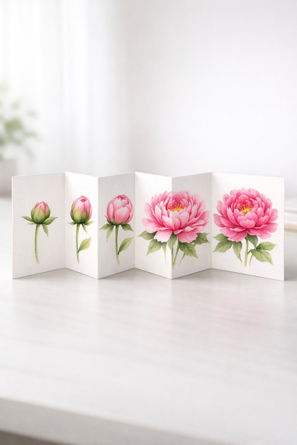 A realistic photo of an Accordion Z-Fold card stretched out on a desk. It features five panels, each showing a different stage of a flower blooming. The card is backlit, showing the texture of the watercolor paper.