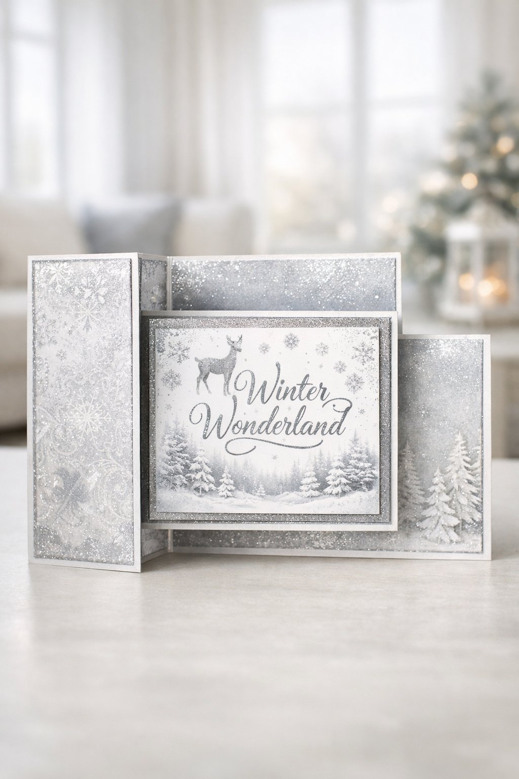 A realistic photo of a Joy Fold card. It consists of a small card nested inside a larger gatefold-style base. The theme is a "Winter Wonderland" with silver and white textures. The photo is taken in a brightly lit, modern living room.