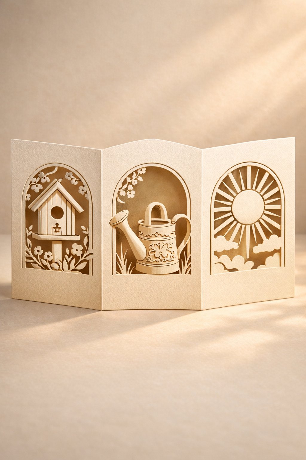 A realistic photo of a sophisticated three-panel card that stands in a zig-zag. Each panel features an intricate, laser-cut window showing a different spring scene: a birdhouse, a watering can, and a sun. The lighting is soft and golden.