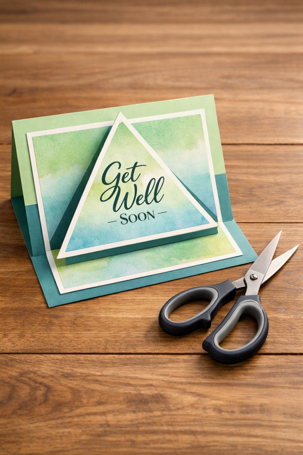 A realistic shot of a Triangle Flip card. A triangular panel in the center is flipped upward to show a "Get Well Soon" message. The colors are soothing greens and blues. A pair of crafting scissors lies next to the card on a wooden table.