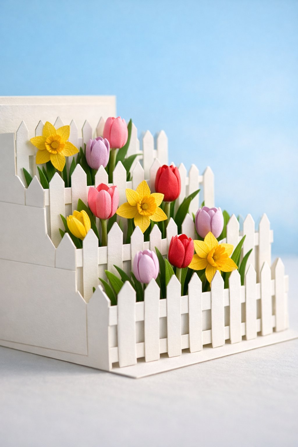 A realistic side-view of a card that looks like a miniature garden. White "picket fence" die-cuts form the steps, with paper tulips and daffodils tucked between them. The background is a soft sky blue.
