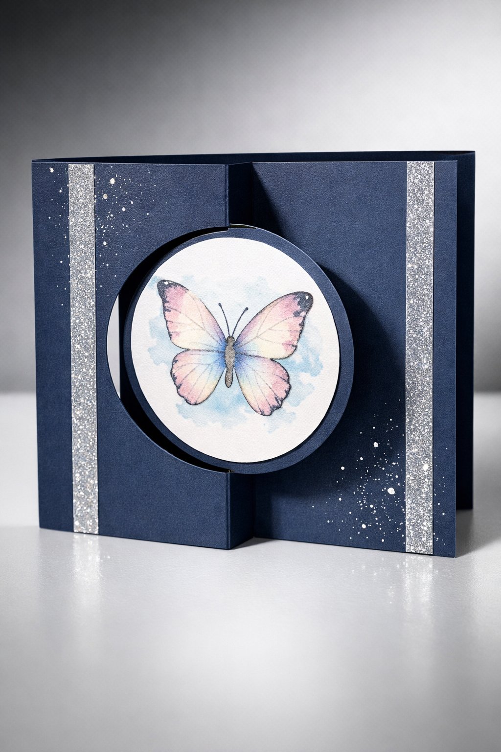 A realistic studio shot of a circular Swing Fold card. The central circle is "swinging" on its axis, showing a hand-stamped watercolor butterfly. The cardstock is a matte navy blue with silver glitter accents. High-contrast lighting highlights the clean die-cut edges.