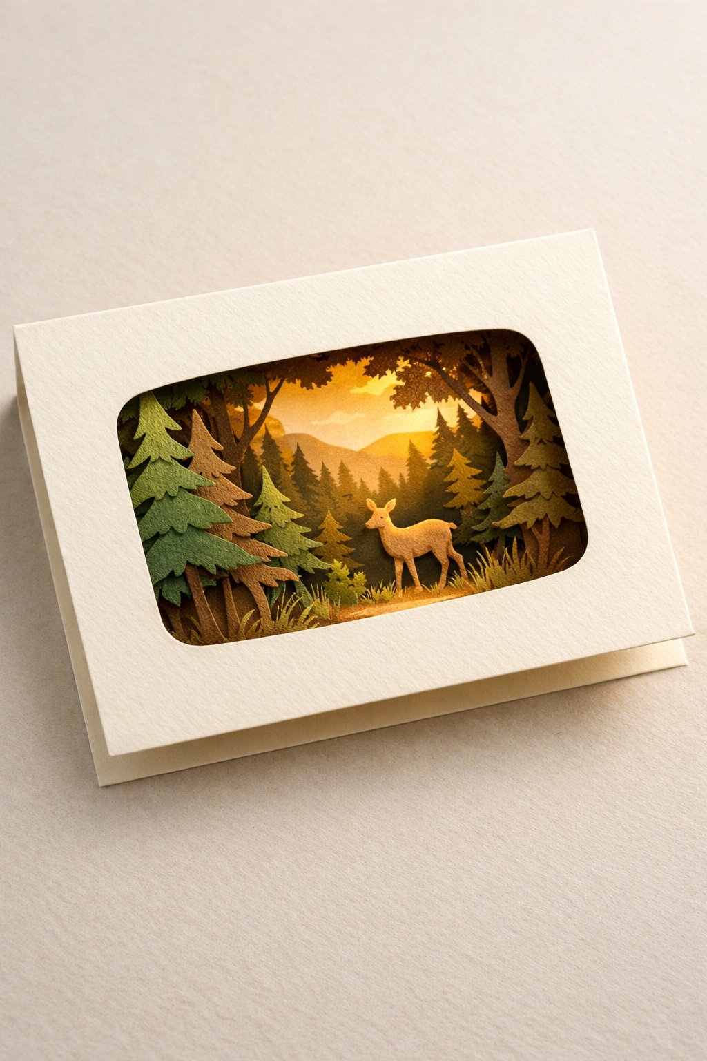 A realistic, top-down-angled photo of a Diorama card. Inside the "window" of the card is a 3D woodland scene with paper trees and a tiny deer. The lighting is warm, mimicking a forest sunset. The card looks like a small shadowbox.