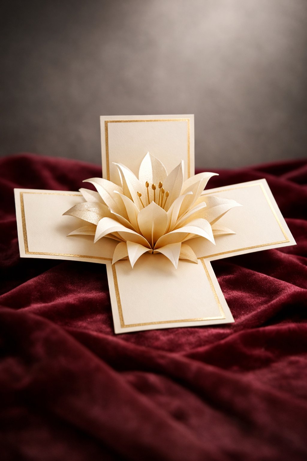 A stunning, minimalist card in cream and pearl-gold. The card is folded into a cross shape, but when opened, the petals of a paper lily fan out in the center. The card sits on a velvet cloth with a soft spotlight.