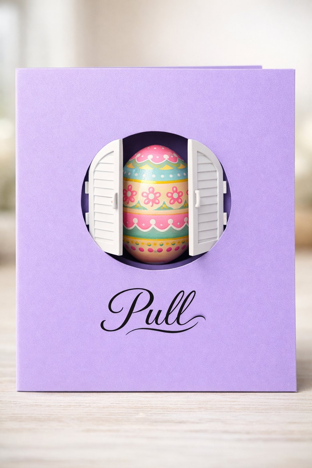 A vibrant lavender card with a circular window. Inside the window, two "doors" (shutters) are partially open to reveal a brightly decorated Easter egg. A "Pull" instruction is elegantly written in calligraphy.