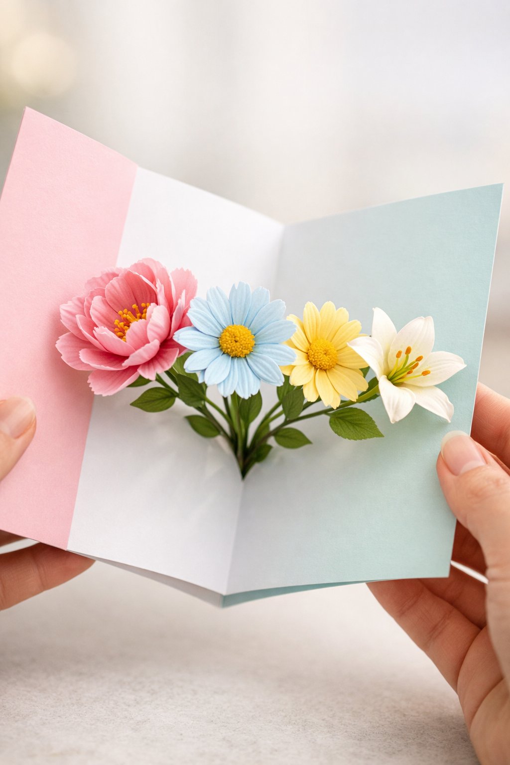 An action shot of a card being opened. As the flaps move, a 3D row of four flowers "twists" and "pops" out toward the camera. The mechanism is hidden behind a clean, pastel exterior.