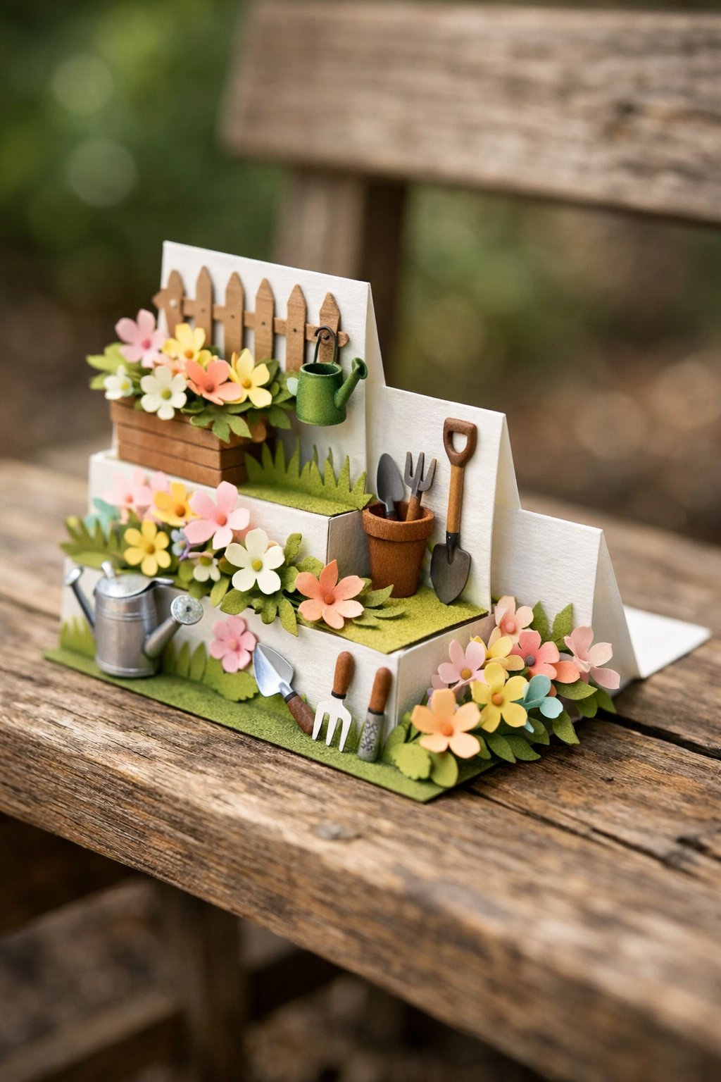 Image Prompt: A realistic side-profile shot of a Side Step card. The "steps" are decorated with tiny die-cut garden tools and paper flowers, creating a 3D garden scene. The card is placed on a rustic wooden bench. The depth of field is shallow, emphasizing the staggered steps.