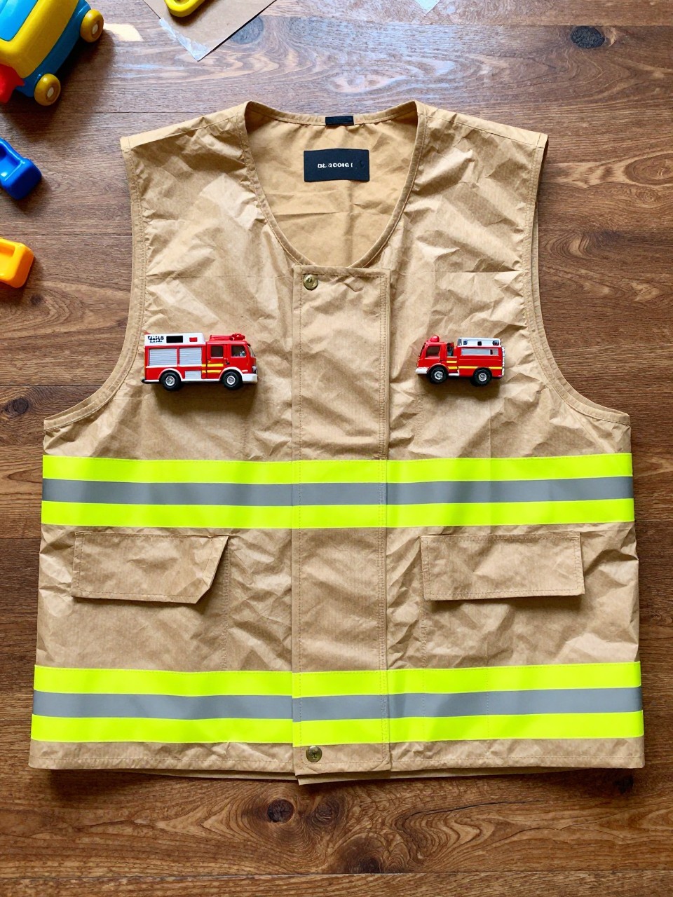 Photo of a paper bag firefighter vest laid flat on the floor, overhead flat lay, setting: a hardwood floor with scattered toys, lighting: natural morning light, containing one lived-in detail: a small plastic fire truck parked on the vest, iPhone photo quality.