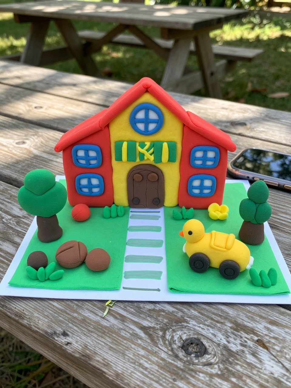 Photo of a play-doh farm stand craft on a table, eye-level close-up, setting: a wooden picnic table outside, lighting: dappled sunlight through leaves, containing one lived-in detail: a few blades of grass stuck to the bottom, iPhone photo quality.