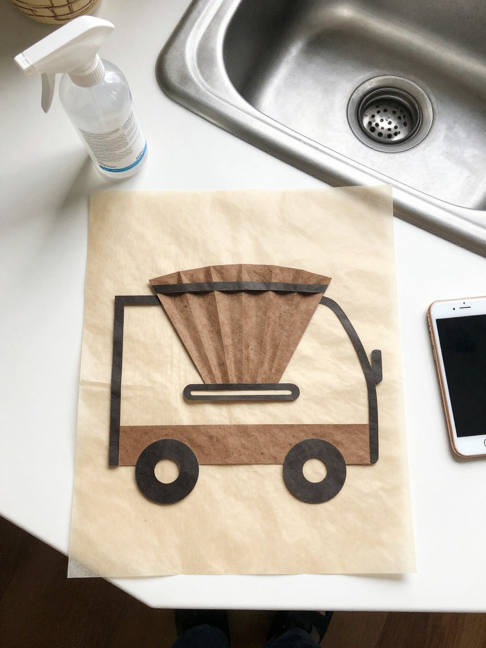 Photo of a coffee filter mail carrier craft drying on a piece of parchment paper, overhead flat lay, setting: a kitchen counter near the sink, lighting: bright, flat kitchen light, containing one lived-in detail: a spray bottle left in the corner of the frame, iPhone photo quality.