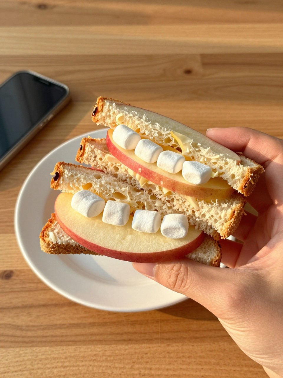 Photo of two apple slices craft sandwiched together with mini marshmallows peeking out like teeth, held in hand (POV), on a wooden table, warm golden hour, containing a small plate, iPhone photo quality.