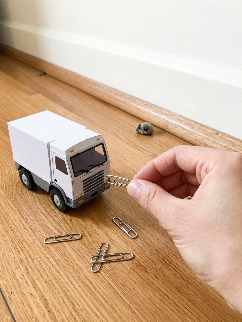 Photo of a magnetic trash truck craft picking up a paperclip, eye-level close-up, setting: a hardwood floor with a few scattered paper clips, lighting: bright overhead light, containing one lived-in detail: a dust bunny near the baseboard, iPhone photo quality.