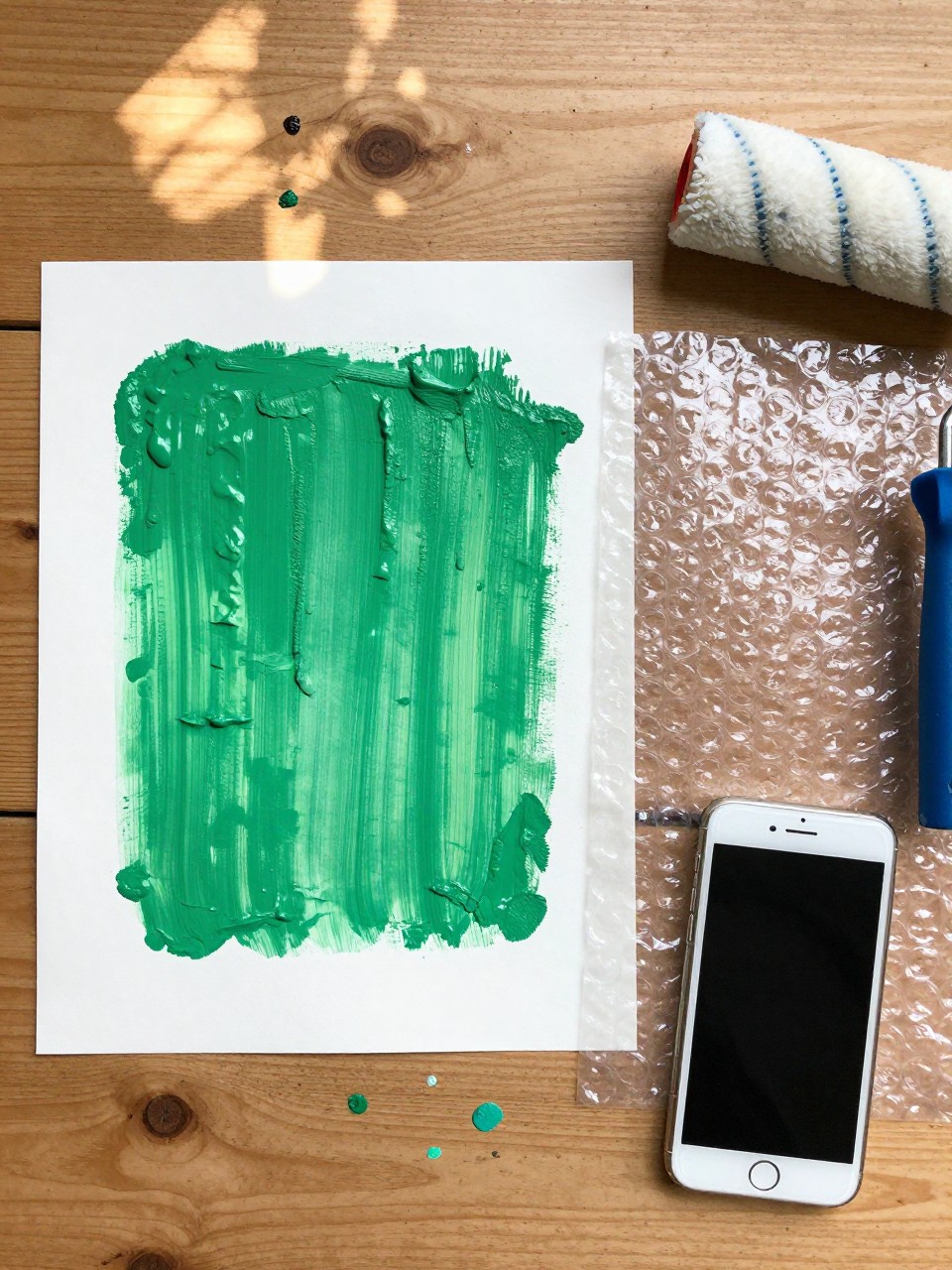 Photo of a sheet of paper with bumpy, textured green paint prints next to a piece of painted bubble wrap, overhead flat lay, on a wooden table with scattered paint, dappled sunlight, containing a paint roller, iPhone photo quality.