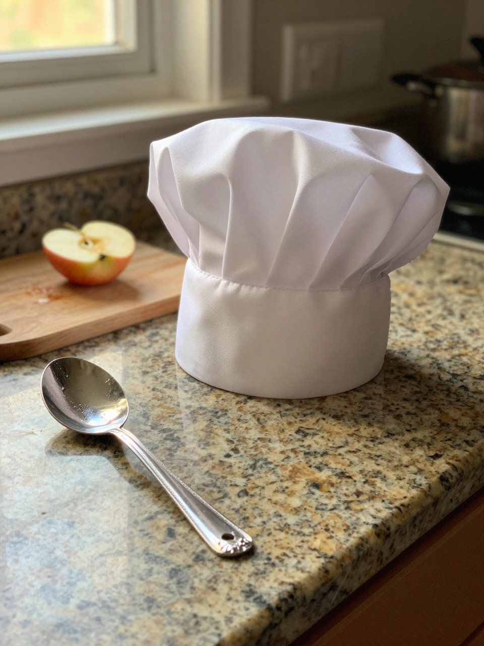Photo of a child-sized chef's hat resting on a kitchen counter next to a foil-covered spoon, eye-level close-up, setting: a granite countertop, lighting: warm golden hour light from a window, containing one lived-in detail: a half-chopped apple on a cutting board nearby, iPhone photo quality.