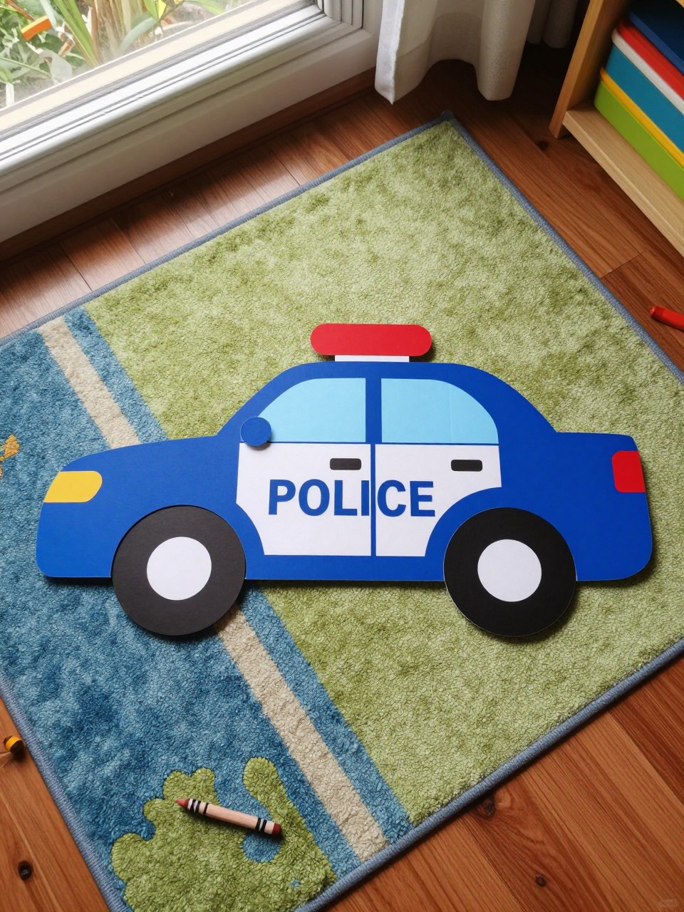 Photo of a completed shape police car craft, overhead flat lay, setting: a colorful playroom rug, lighting: natural morning light from a window, containing one lived-in detail: a stray crayon rolling off the rug edge, iPhone photo quality.