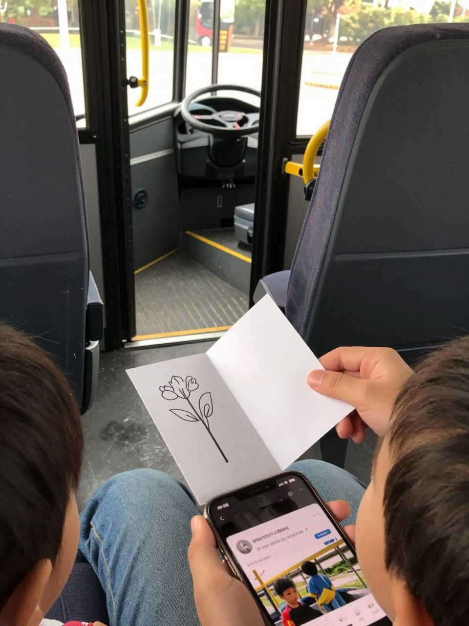 Photo of a bus driver craft with the door folded open, held in hand (POV), setting: a child's lap on a couch, lighting: warm afternoon light, containing one lived-in detail: a small hand holding the craft open, iPhone photo quality.