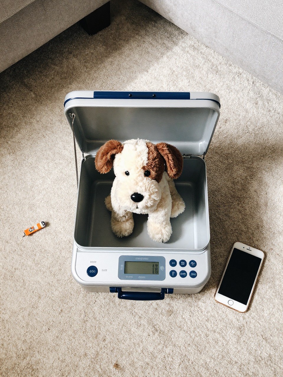 Photo of a small shoebox vet clinic open with a stuffed dog inside, overhead flat lay, setting: a carpeted living room floor, lighting: natural morning light, containing one lived-in detail: a single stray Cheerio on the carpet, iPhone photo quality.
