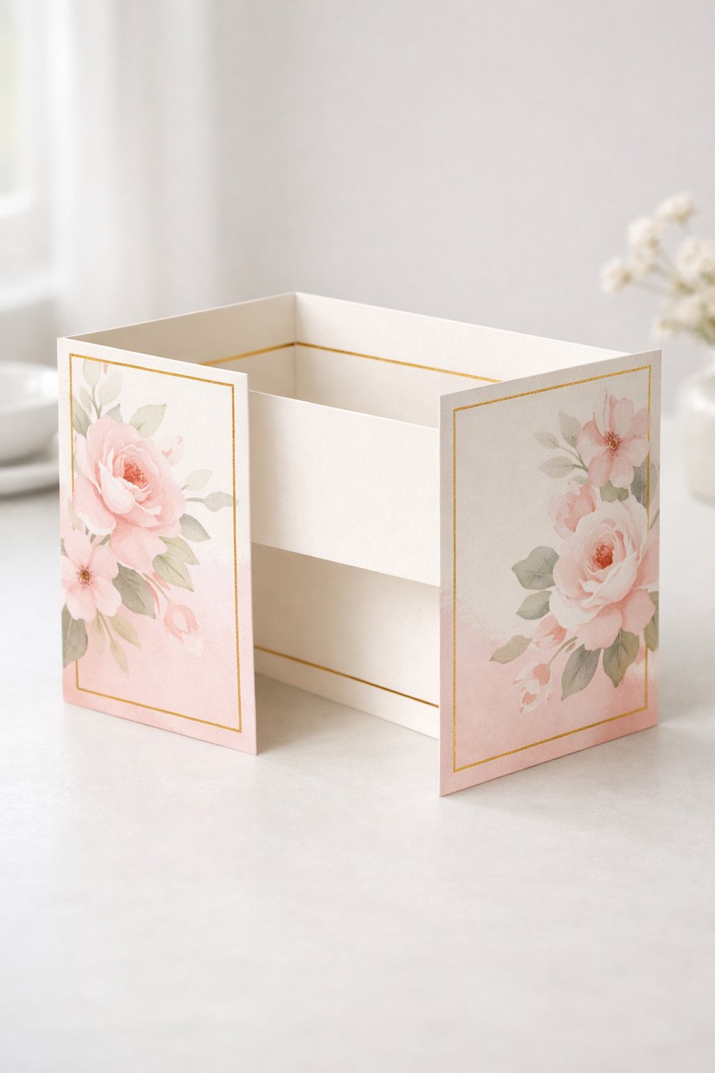 Ultra realistic product photo of a handmade double Z fold greeting card, shown slightly open to display the double Z structure clearly, blush pink and ivory color palette, delicate watercolor-style florals on the front panels, subtle gold foil accents only as thin border lines (no letters), clean crisp folds, matte cardstock texture, photographed on a bright neutral tabletop with soft natural window light, minimal props, no hands, no envelope, no text, no watermark, high detail, sharp focus.
