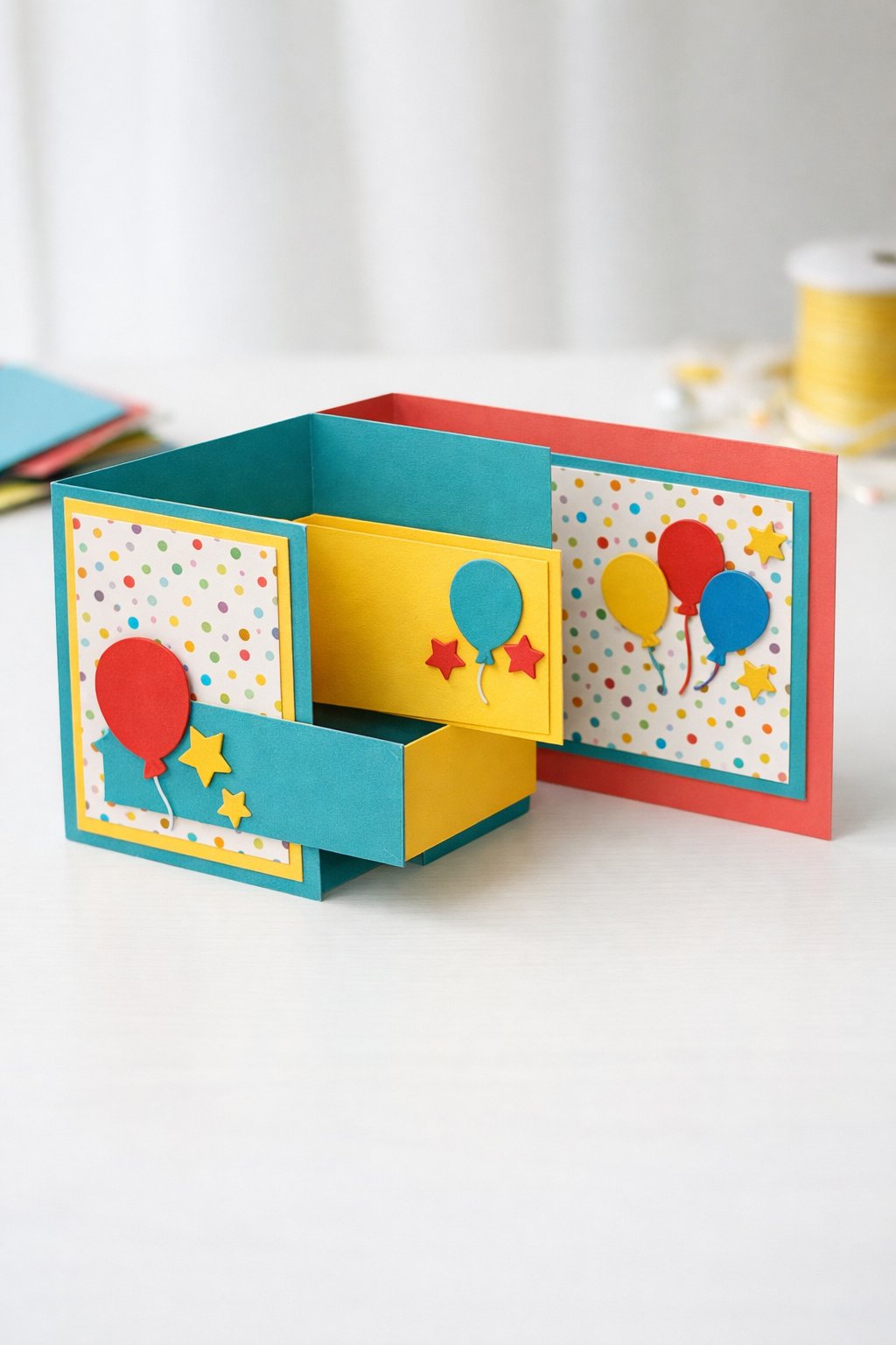 Ultra realistic product photo of a handmade double Z fold greeting card in a bright birthday theme, shown partly open to clearly show the double Z fold structure, bold primary colors (turquoise, yellow, coral), layered cardstock panels with confetti pattern paper, small balloon and star cutout shapes (no lettering), clean crisp folds, matte cardstock texture, photographed on a bright white tabletop with soft natural light, minimal craft props blurred in the background, no hands, no text, no watermark, sharp focus.