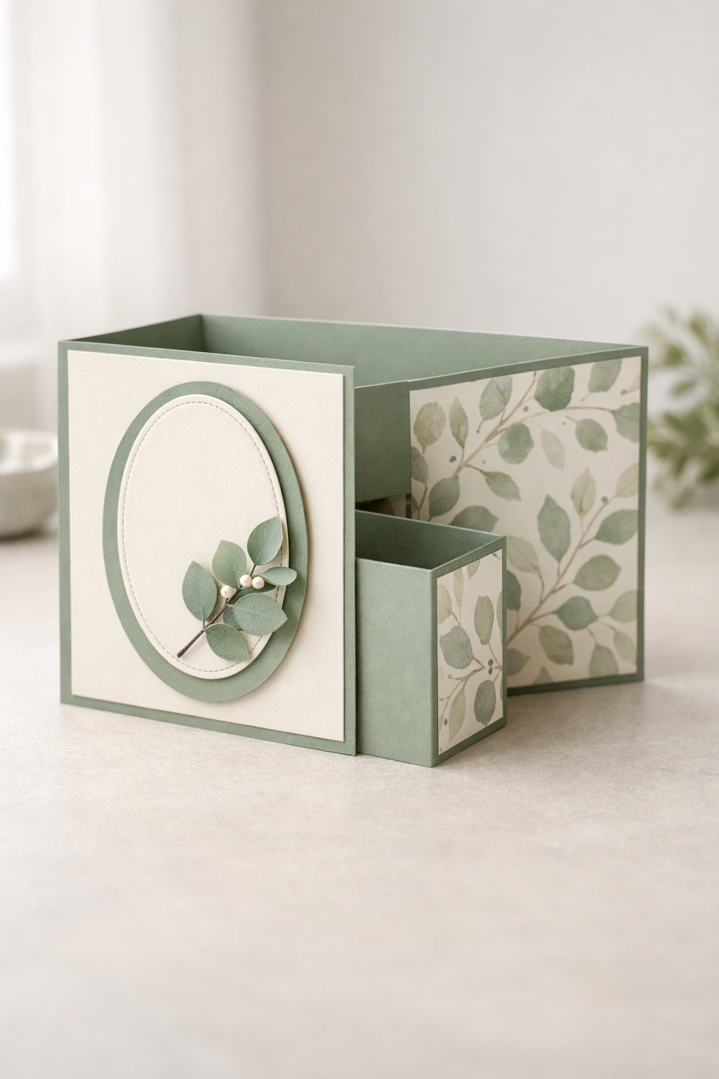 Ultra realistic product photo of a handmade double Z fold card, shown partially open to clearly display the double Z fold structure, soft sage green and cream color palette, botanical leaf pattern paper on the panels, a simple layered oval frame on the front panel with a small paper eucalyptus sprig, clean crisp folds, matte cardstock texture, photographed on a light neutral tabletop with soft natural window light, minimal props, no hands, no envelope, no text, no watermark, sharp focus, high detail.