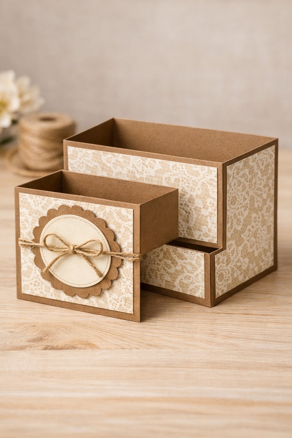 Ultra realistic product photo of a handmade double Z fold card, shown slightly open to clearly display the double Z fold structure, kraft brown cardstock base with cream lace-style pattern paper on the panels, small twine bow on the front panel and a layered cream circle embellishment, soft vintage feel, crisp folds, matte cardstock texture, photographed on a light wooden surface with warm natural light, minimal props, no hands, no text, no watermark, sharp focus.