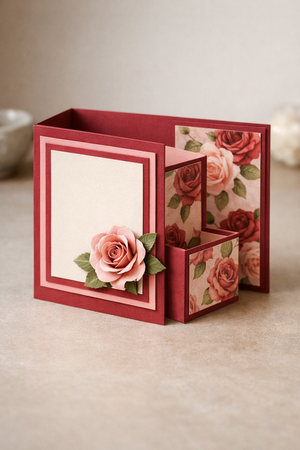 Ultra realistic product photo of a handmade double Z fold card, shown slightly open to clearly show the fold structure, deep red and blush color palette, rose patterned paper on panels, layered blush frame on the front with a single realistic paper rose embellishment, clean crisp folds, matte cardstock texture, photographed on a neutral tabletop with soft warm natural light, minimal props, no hands, no text, no watermark, sharp focus, high detail.