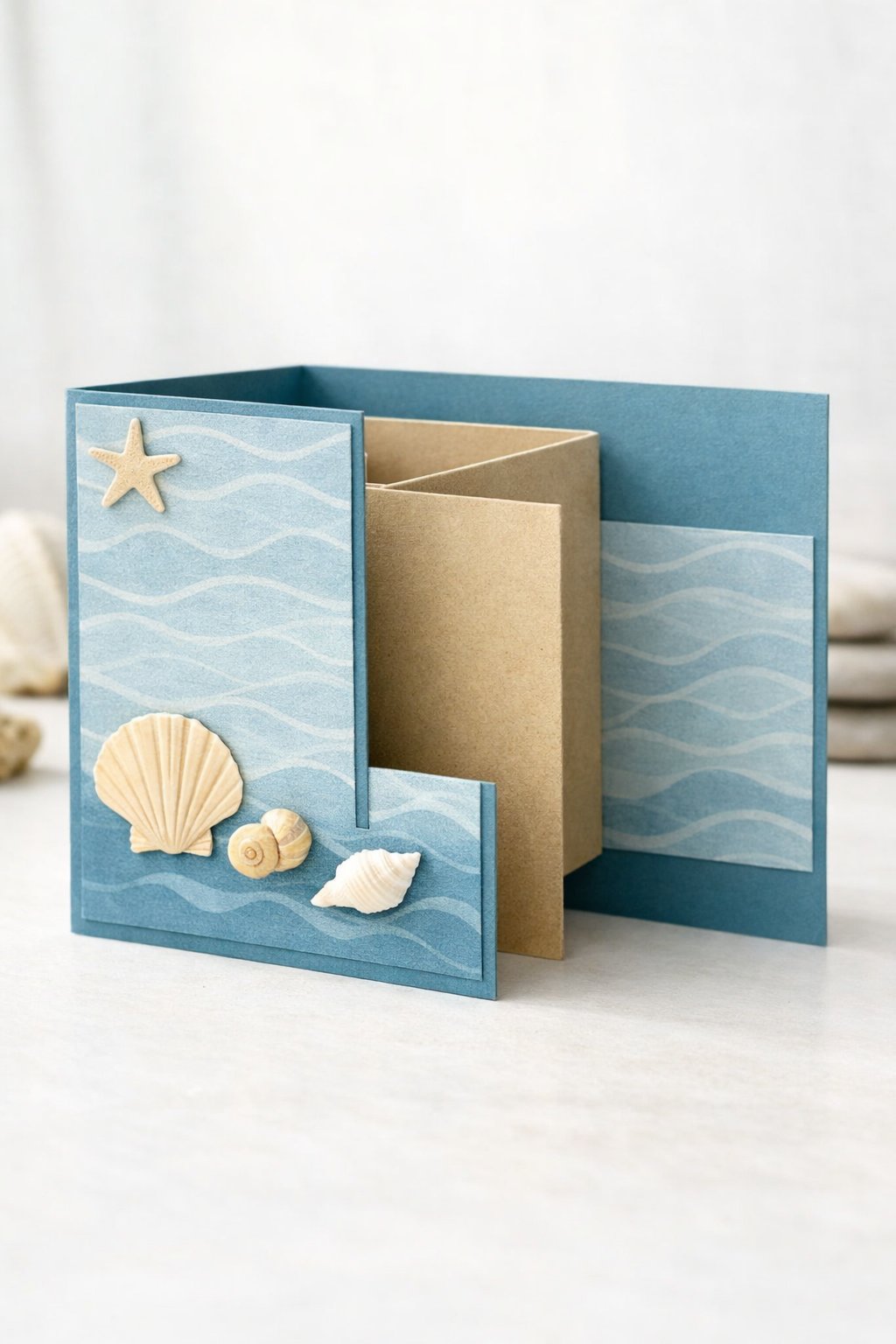 Ultra realistic product photo of a handmade double Z fold card, shown partially open to clearly display the fold structure, ocean blue and sandy beige color palette, subtle wave pattern paper on panels, small seashell and starfish paper cutouts on the front panel, clean crisp folds, matte cardstock texture, photographed on a bright neutral surface with soft natural light, minimal props, no hands, no text, no watermark, sharp focus, high detail.