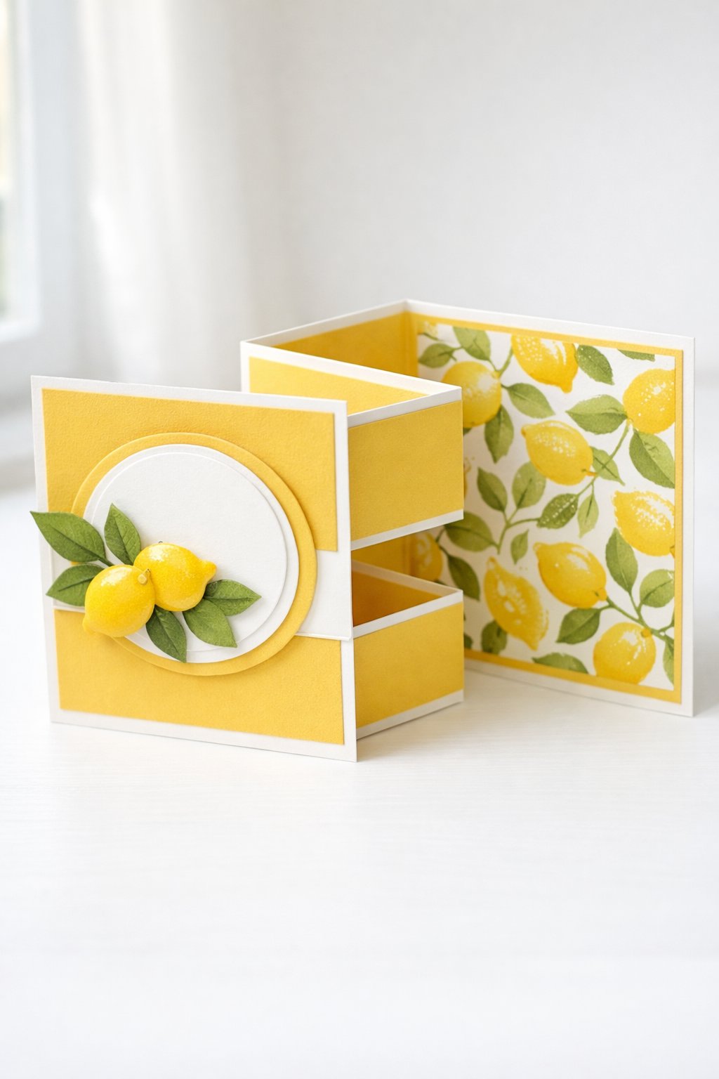 Ultra realistic product photo of a handmade double Z fold card, shown partially open to clearly display the double Z fold structure, sunny yellow and white color palette, lemon and leaf patterned paper on the panels, a layered white circle frame on the front panel with a small paper lemon cluster and green leaves, crisp clean folds, matte cardstock texture, photographed on a bright white tabletop with soft natural window light, minimal props, no hands, no envelope, no text, no watermark, sharp focus, high detail.