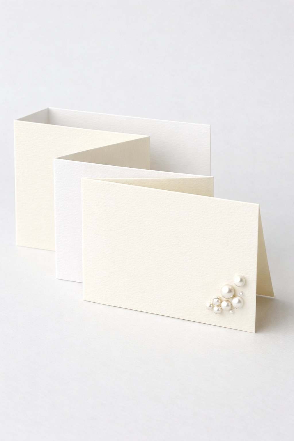 Ultra realistic product photo of a handmade double Z fold card, shown slightly open to display the fold structure, pure white and soft ivory color palette, subtle embossed texture on panels, thin pearl-like half-bead accents arranged as a small corner cluster on the front panel, clean crisp folds, matte cardstock texture, photographed on a clean light background with soft studio lighting, no hands, no text, no watermark, sharp focus, high detail.