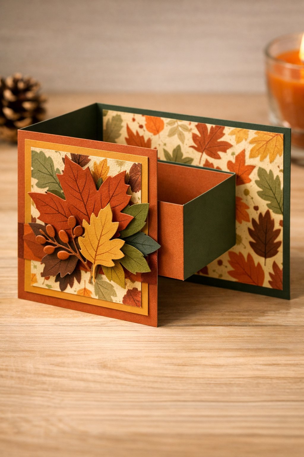 Ultra realistic product photo of a handmade double Z fold card, shown partially open to clearly display the fold structure, warm autumn color palette (rust, burnt orange, mustard, deep green), fall leaves patterned paper on panels, layered paper leaf cutouts on the front panel, crisp folds, matte cardstock texture, photographed on a light wooden surface with warm natural light, minimal props, no hands, no text, no watermark, sharp focus, high detail.