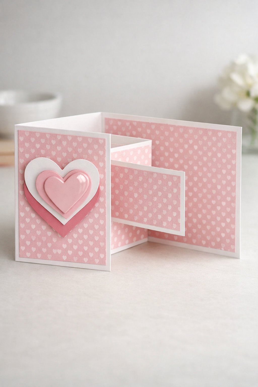 Ultra realistic product photo of a handmade double Z fold card, shown partially open to clearly show the double Z fold structure, soft pink and white color palette, tiny heart patterned paper on panels, layered heart cutouts on the front panel with a subtle glossy accent on the top heart (no words), crisp folds, matte cardstock texture, photographed on a bright neutral tabletop with soft natural light, minimal props, no hands, no text, no watermark, sharp focus, high detail.