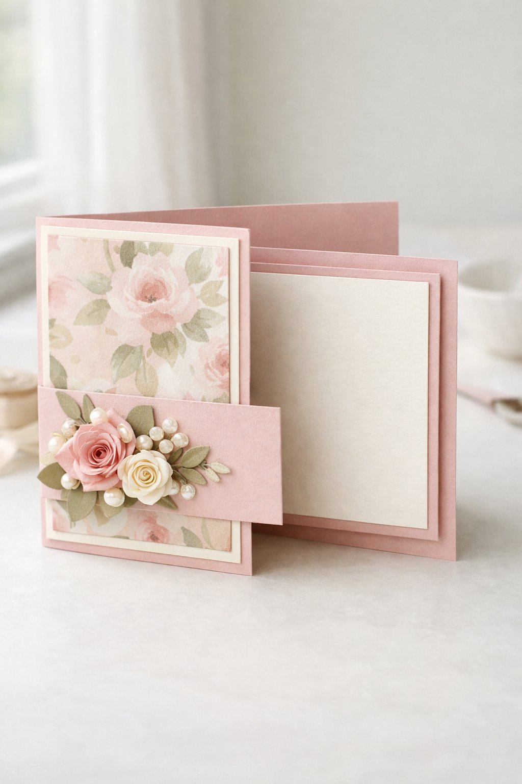 Ultra realistic product photo of a handmade joy fold card, shown slightly open to clearly display the wrap-around outer panel and the smaller inner card, blush pink and cream color palette, soft watercolor floral patterned paper on the outer wrap, layered solid cardstock mats, small paper flower cluster on the wrap corner, crisp folds, matte cardstock texture, photographed on a bright neutral tabletop with soft natural window light, minimal props, no hands, no envelope, no text, no watermark, sharp focus, high detail.