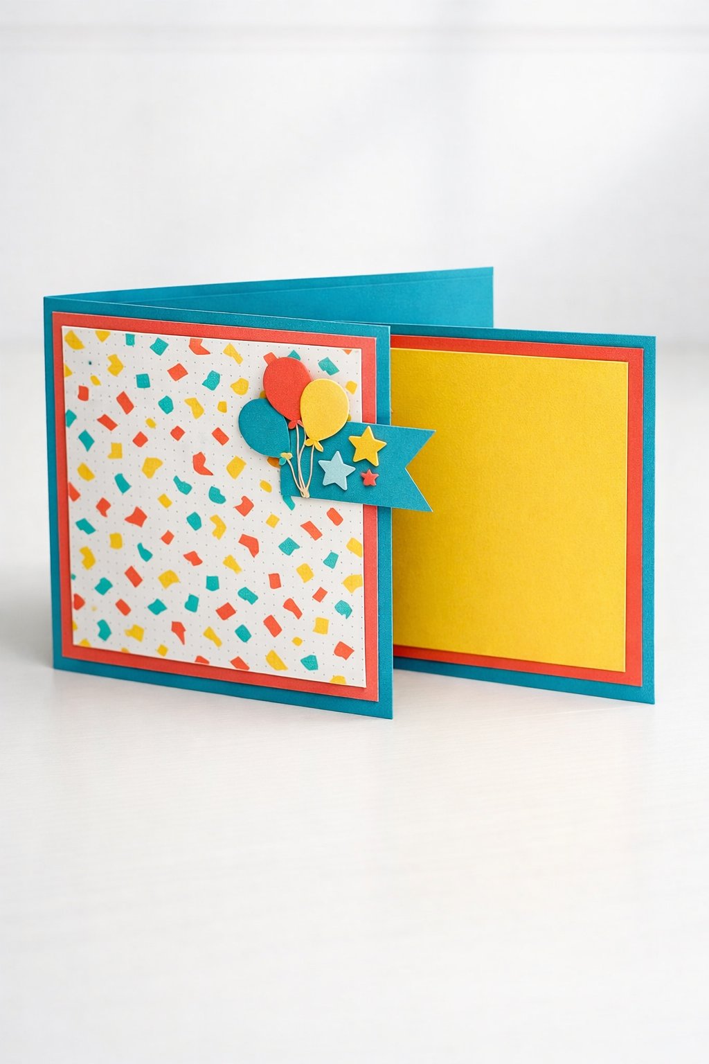 Ultra realistic product photo of a handmade joy fold card, shown slightly open to display the outer wrap and smaller inner card, bold bright color palette (turquoise, yellow, coral), confetti patterned paper on the wrap front, layered cardstock mats, small balloon and star paper cutouts on the wrap flap corner, crisp folds, matte cardstock texture, photographed on a clean white tabletop with soft natural light, minimal props, no hands, no text, no watermark, sharp focus, high detail.