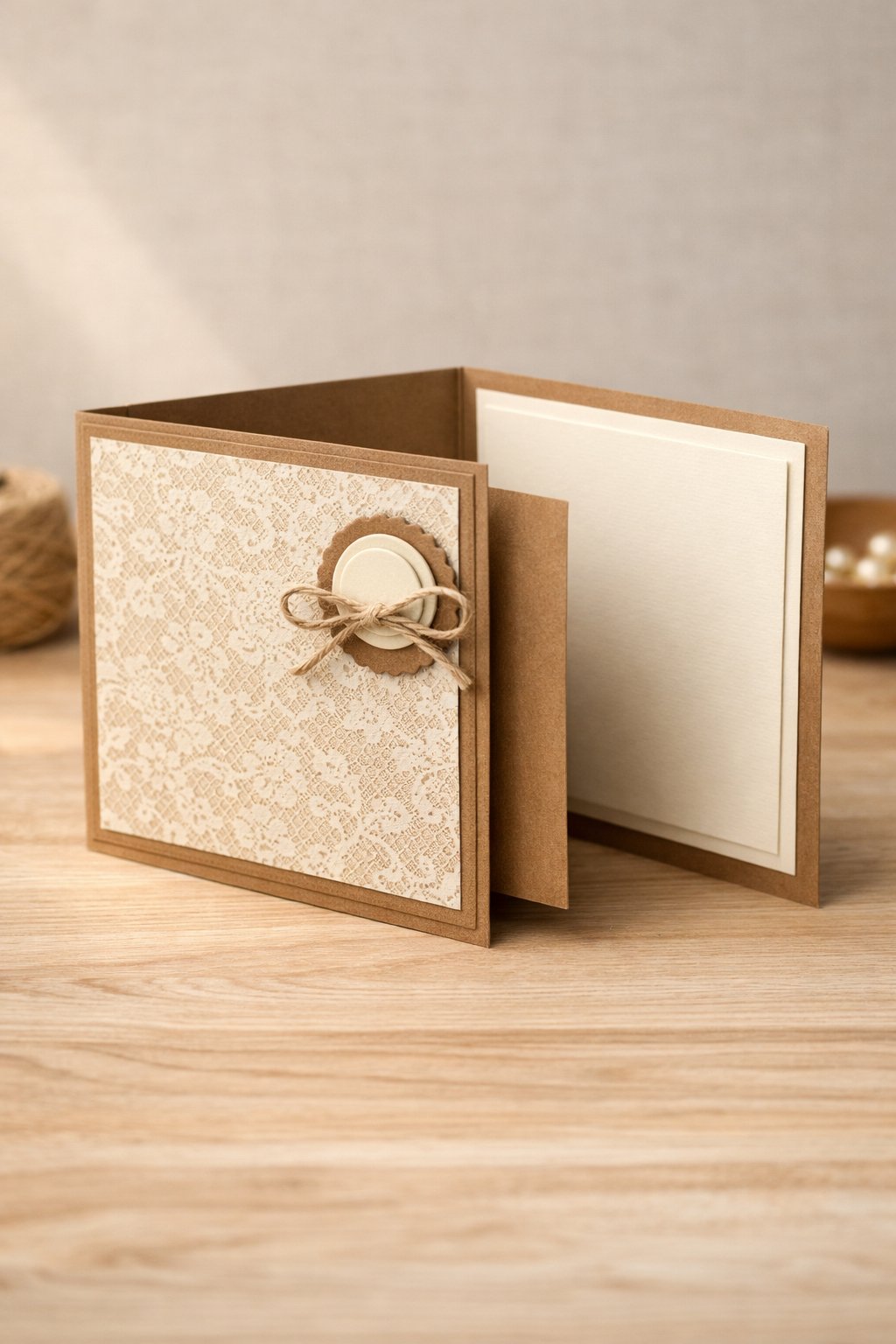 Ultra realistic product photo of a handmade joy fold card, shown slightly open to display the wrap and inner card clearly, kraft brown cardstock wrap with cream lace-style patterned paper on the wrap front, layered cream mats, small twine bow and round layered embellishment on the wrap flap corner, crisp folds, matte cardstock texture, photographed on a light wooden surface with warm natural light, minimal props, no hands, no text, no watermark, sharp focus, high detail.