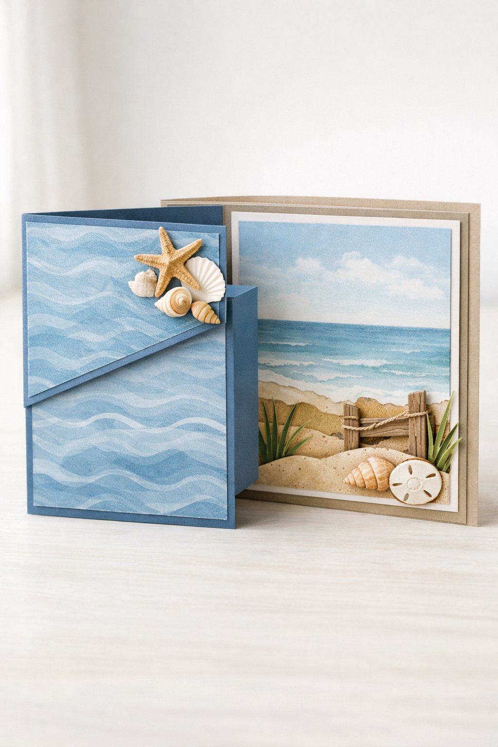 Ultra realistic product photo of a handmade joy fold card, shown slightly open to clearly display the wrap and inner card, ocean theme with blue and sandy beige color palette, subtle wave patterned paper on the wrap front, small seashell and starfish paper cutouts on the wrap flap corner, crisp folds, matte cardstock texture, photographed on a bright neutral tabletop with soft natural light, minimal props, no hands, no text, no watermark, sharp focus, high detail.