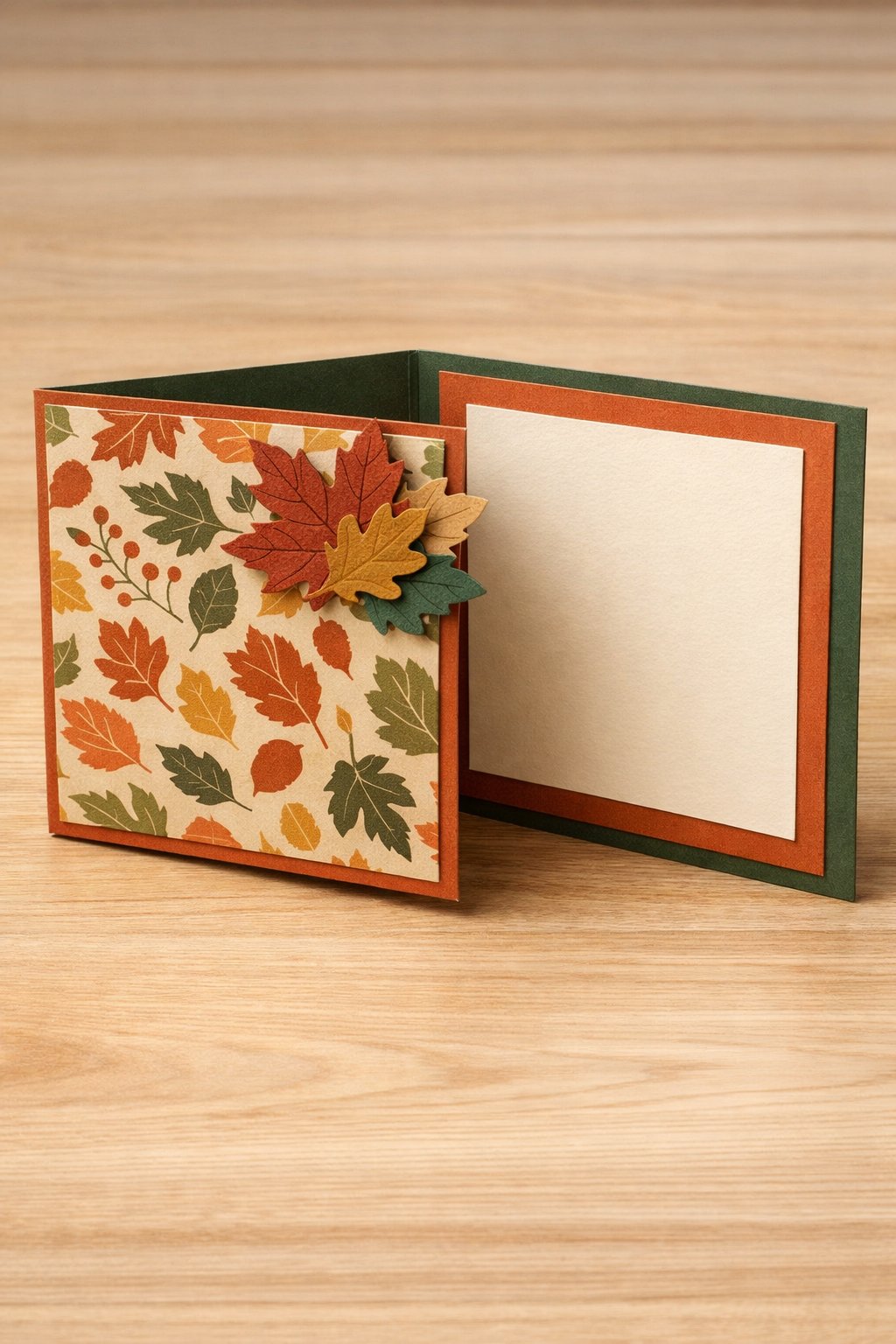 Ultra realistic product photo of a handmade joy fold card, shown slightly open to clearly display the wrap and inner card, warm autumn theme with rust, mustard, and deep green color palette, fall leaves patterned paper on the wrap front, layered paper leaf cutouts on the wrap flap corner, crisp folds, matte cardstock texture, photographed on a light wooden surface with warm natural natural light, minimal props, no hands, no text, no watermark, sharp focus, high detail.
