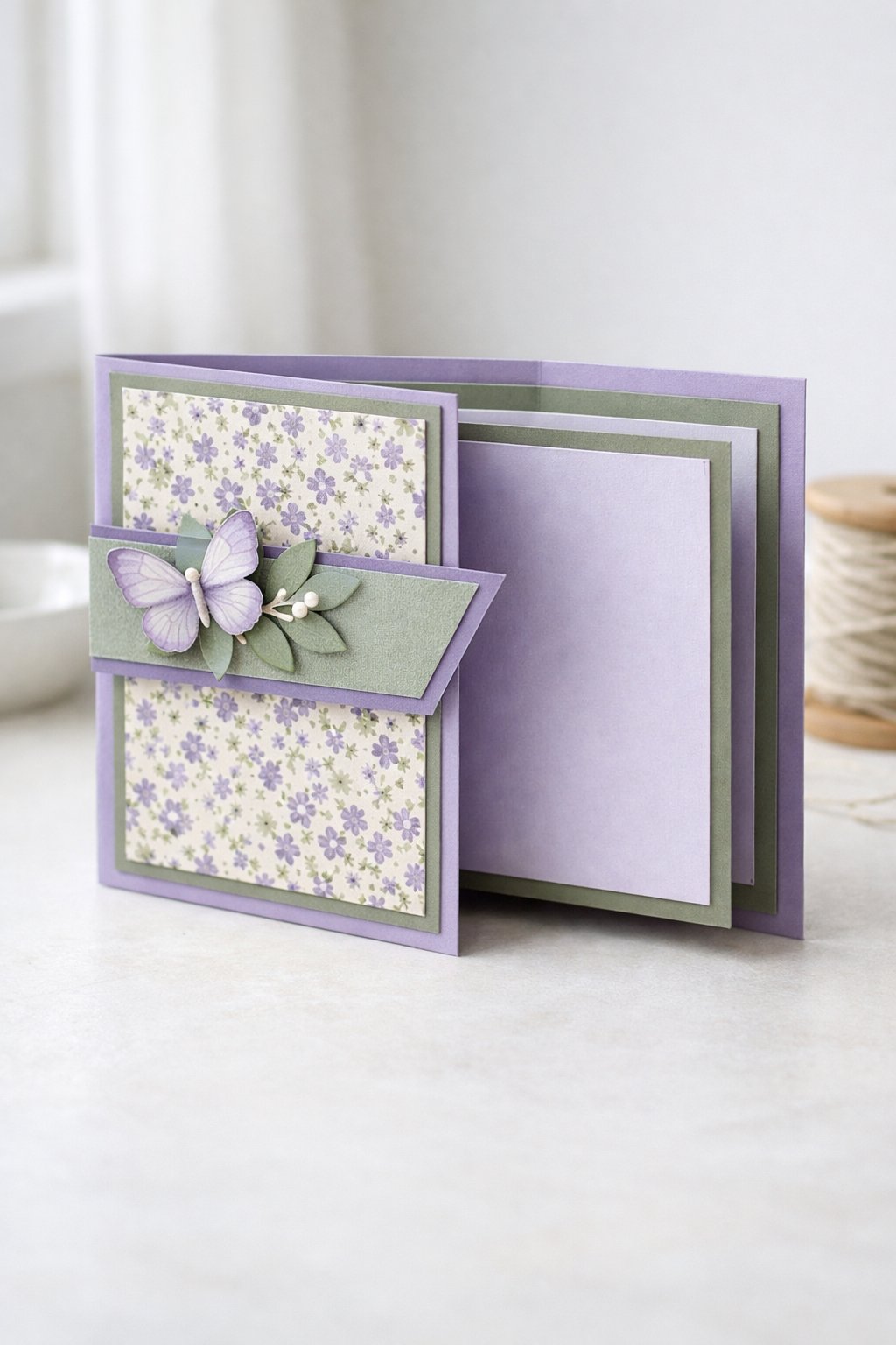 Ultra realistic product photo of a handmade joy fold card, shown slightly open to clearly display the wrap and smaller inner card, lavender and sage color palette, tiny floral patterned paper on the wrap front, layered lavender mats, small paper butterfly and leaf cluster on the wrap flap corner, crisp folds, matte cardstock texture, photographed on a bright neutral tabletop with soft natural window light, minimal props, no hands, no text, no watermark, sharp focus, high detail.