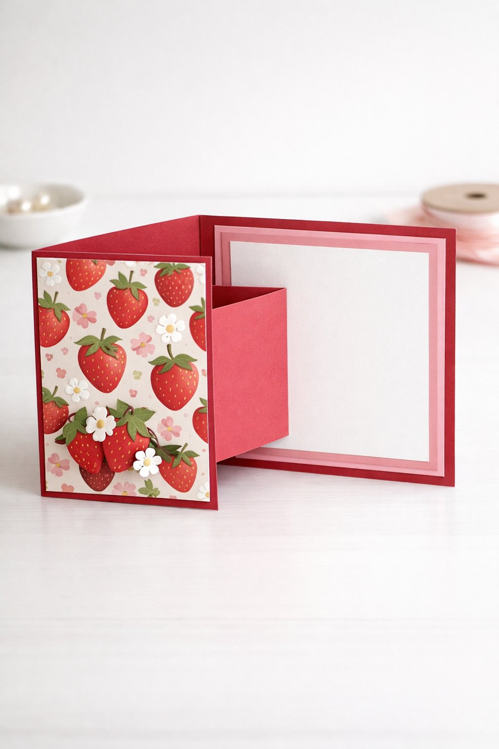 Ultra realistic product photo of a handmade joy fold card, shown slightly open to clearly display the wrap and inner card, strawberry theme with soft red, pink, and white color palette, strawberry patterned paper on the wrap front, layered pink mats, small paper strawberry cutout cluster on the wrap flap corner, crisp folds, matte cardstock texture, photographed on a bright white tabletop with soft natural light, minimal props, no hands, no text, no watermark, sharp focus, high detail.