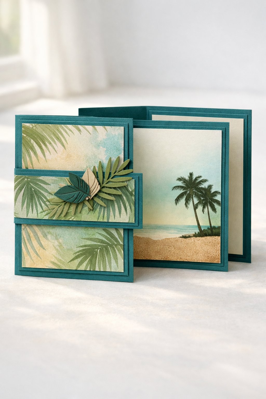 Ultra realistic product photo of a handmade joy fold card, shown slightly open to clearly display the wrap and inner card, tropical palm theme with teal, green, and sand color palette, palm leaf patterned paper on the wrap front, layered teal mats, small paper palm frond cutout cluster on the wrap flap corner, crisp folds, matte cardstock texture, photographed on a bright neutral surface with soft natural window light, minimal props, no hands, no text, no watermark, sharp focus, high detail.