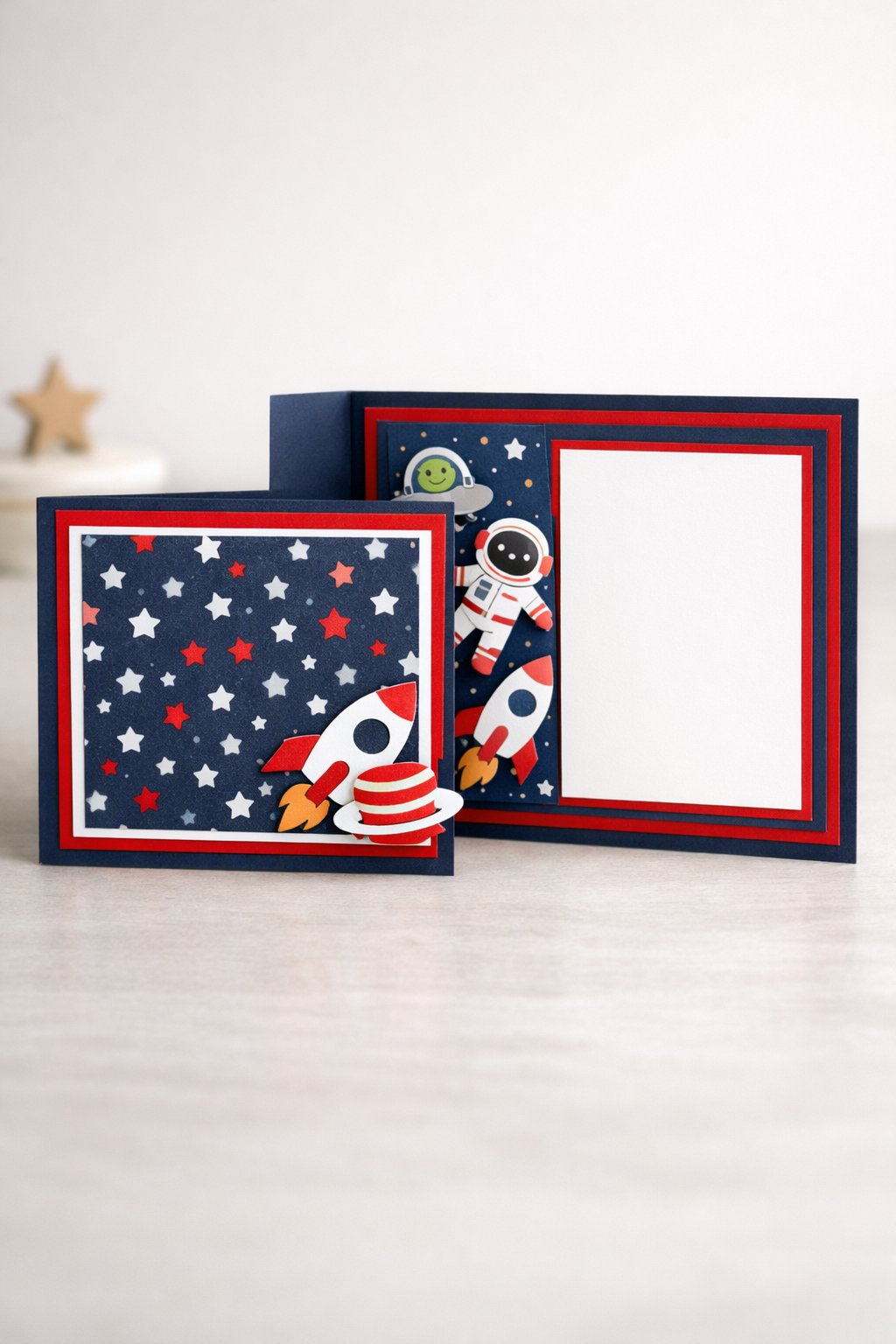 Ultra realistic product photo of a handmade joy fold card, shown slightly open to clearly display the wrap and inner card, kids space theme with navy, bright red, and white color palette, starry patterned paper on the wrap front, layered solid mats, small rocket ship and planet paper cutouts on the wrap flap corner, crisp folds, matte cardstock texture, photographed on a bright neutral tabletop with soft natural light, minimal props, no hands, no text, no watermark, sharp focus, high detail.
