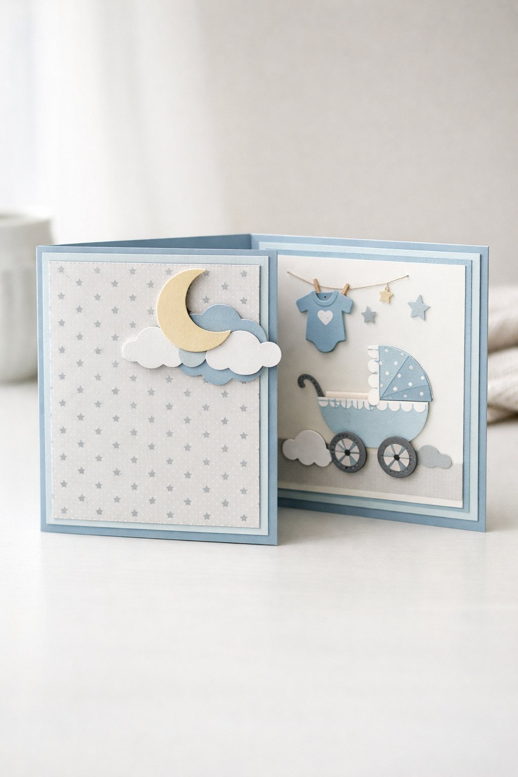 Ultra realistic product photo of a handmade joy fold card, shown slightly open to clearly display the wrap and inner card, baby theme with soft blue, white, and light grey color palette, subtle tiny star patterned paper on the wrap front, layered pale blue mats, small paper moon and cloud cutouts on the wrap flap corner, crisp folds, matte cardstock texture, photographed on a bright neutral tabletop with soft natural window light, minimal props, no hands, no text, no watermark, sharp focus, high detail.