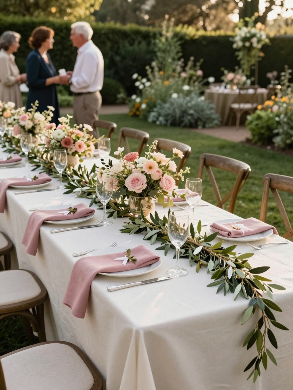 Photo of a late summer garden reception table with ivory linens, dusty rose napkins, olive greenery garlands, and soft pink florals, camera angle: guest table angle, setting: outdoor garden reception tables, lighting: golden hour, containing subtle real wedding activity such as guests chatting nearby and champagne flutes on the table, latest iPhone photo quality.
