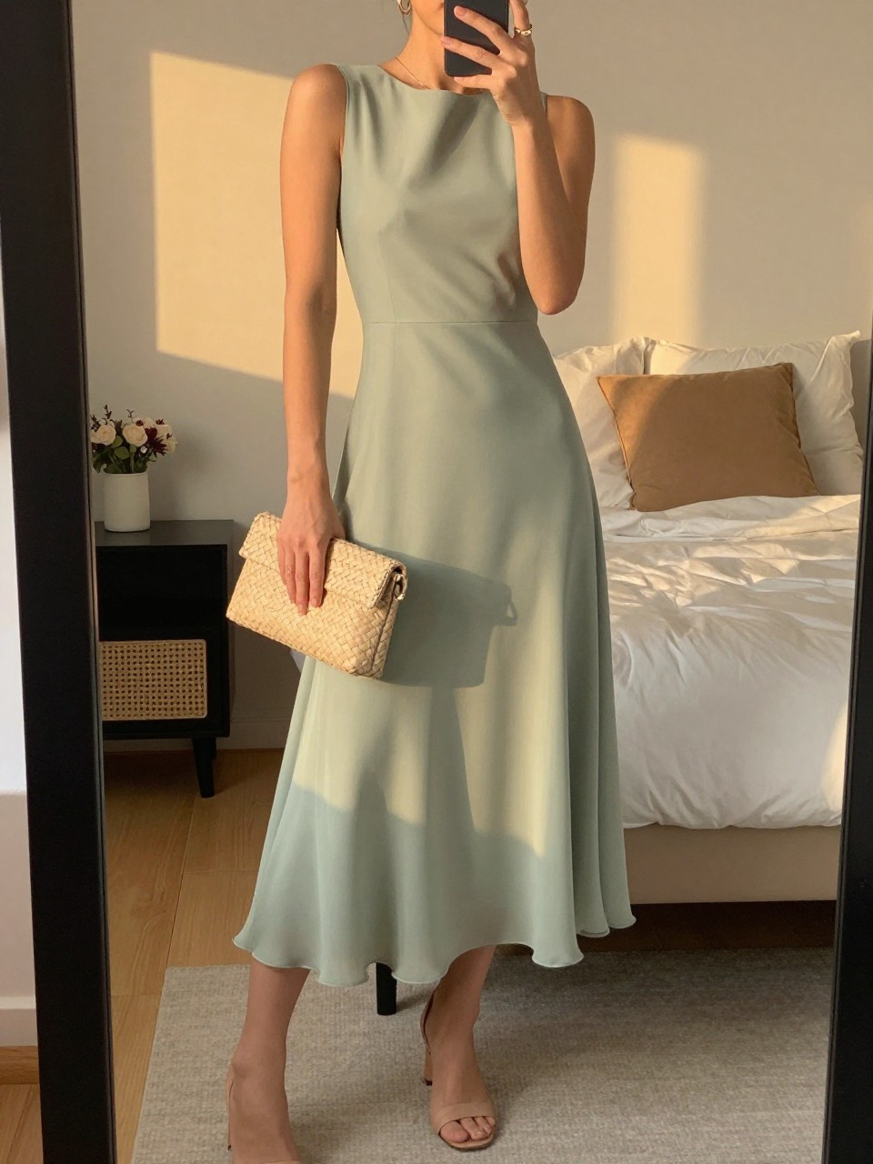 mirror selfie of a woman wearing a sage chiffon midi dress with a flowy skirt, nude block heels, small gold hoop earrings, and a woven clutch with a clean shape, holding a phone in front of a mirror, cropped at NECK so face doesn't show, with a natural casual selfie pose, in a feminine-themed bedroom, evening golden hour, including small lived-in details. latest iPhone photo quality.