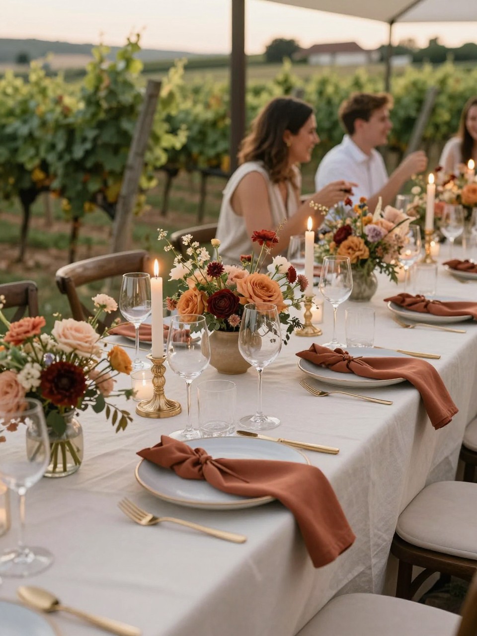 Photo of a late summer vineyard reception table with cream linens, terracotta napkins, earthy florals, and candles glowing, camera angle: detail close-up, setting: vineyard patio reception tables, lighting: golden hour, containing subtle real wedding activity such as wine glasses half filled and guests laughing in the background, latest iPhone photo quality.