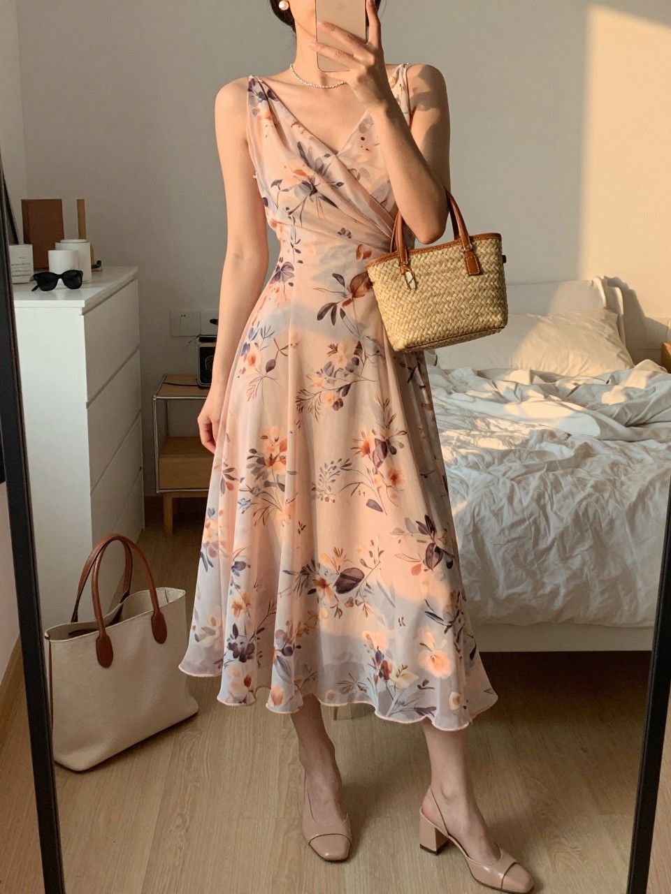 mirror selfie of a woman wearing a soft floral chiffon midi dress with a flowy skirt, nude block heels, pearl stud earrings, and a structured woven mini bag, holding a phone in front of a mirror, cropped at NECK so face doesn't show, with a natural casual selfie pose, in a feminine-themed bedroom, evening golden hour, including small lived-in details like a tote bag on the floor, sunglasses on a dresser, or soft bedding in the background, latest iPhone photo quality.