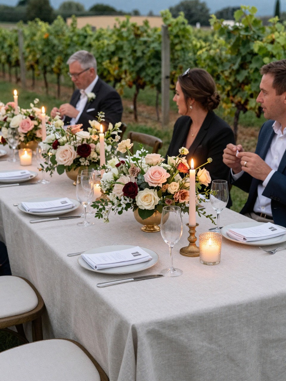 Photo of a late summer vineyard reception table with neutral linens, blush florals, small burgundy accents, and candlelight glowing, camera angle: guest table angle, setting: vineyard reception dinner, lighting: candlelight glow, containing subtle real wedding activity such as guests chatting and champagne flutes on the table, latest iPhone photo quality.