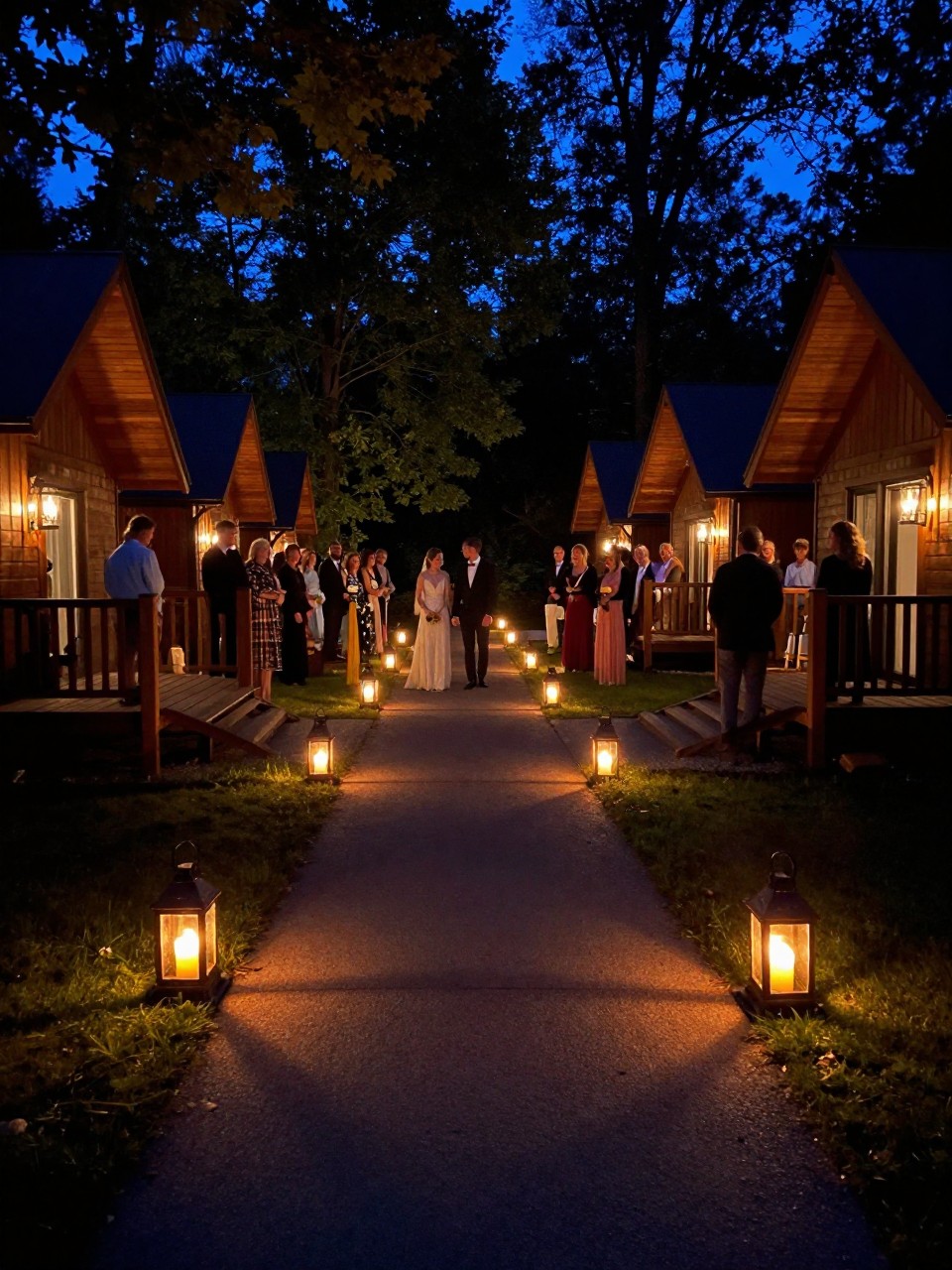Photo of a lantern-lit path leading from a camp lodge to cabins with warm glowing lanterns lining the walkway under trees, camera angle: wide ceremony view, setting: cabin pathway at night, lighting: candlelight glow, containing subtle real wedding activity such as guests walking along the path in small groups and a couple holding hands, latest iPhone photo quality.