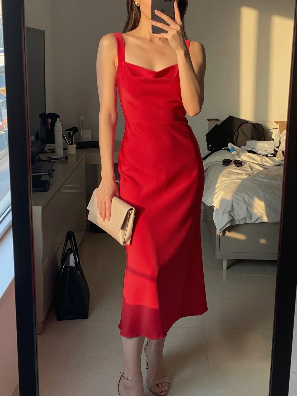 mirror selfie of a woman wearing a true red midi dress in crepe or satin, nude strappy heels, small gold stud earrings, and a nude clutch bag, holding a phone in front of a mirror, cropped at NECK so face doesn't show, with a natural casual selfie pose, in a city apartment, evening golden hour, including small lived-in details like a tote bag on the floor, sunglasses on a dresser, or soft bedding in the background, latest iPhone photo quality.